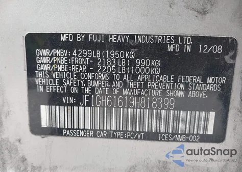 2009 Subaru Impreza 2.5I из США, поврежденный, VIN JF1GH61619H818399